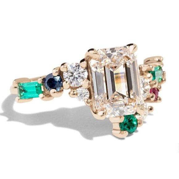 💎 Trendy Colourful Gemstone Dainty Large Rectangle Gold Rings  Women, INDN8511 - Picture 1 of 3